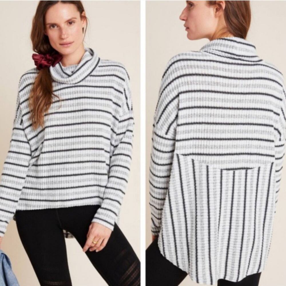 Anthropologie Pippa Hacci Striped Ribbed Sweater Turtleneck Gray Black Size S